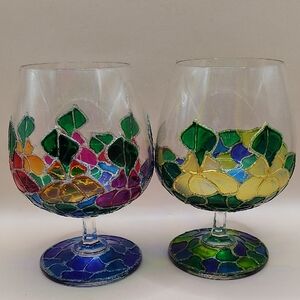 Pair Of Stained Glass Art Wine Glass Goblets, Multicolor Florals